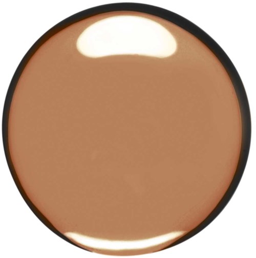 A round compact with beige pressed powder inside. A black border surrounds the powder.