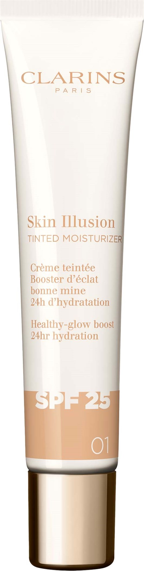 Valkoinen putki Clarins Skin Illusion -sävyttävä kosteusvoide SPF 25 ja kultainen korkki.