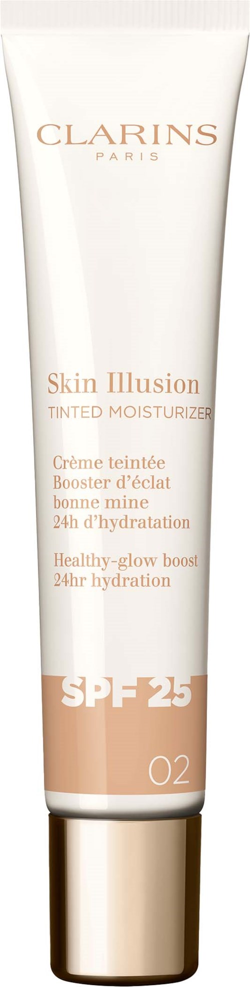 Witte tube van Clarins Skin Illusion getinte moisturizer met SPF 25, gouden dop, en productinformatie.