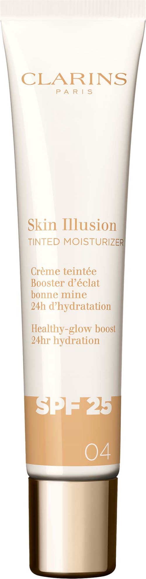 A white tube with gold accents, labeled Clarins Skin Illusion tinted moisturizer with SPF 25, number 04.