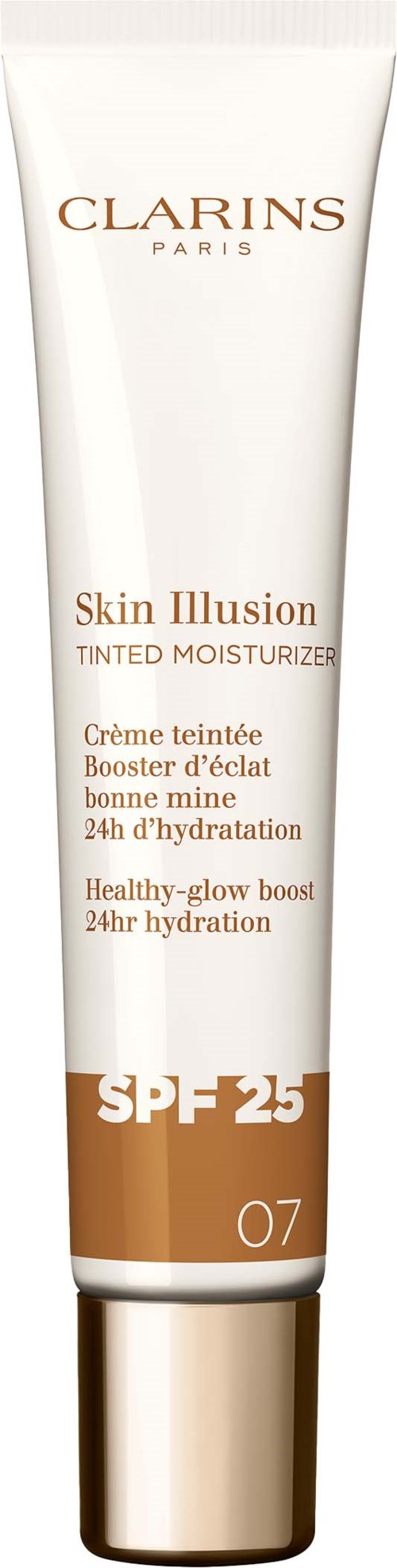 Valkoinen Clarins Skin Illusion sävyttävä kosteusvoide, SPF 25, tuotetiedot.