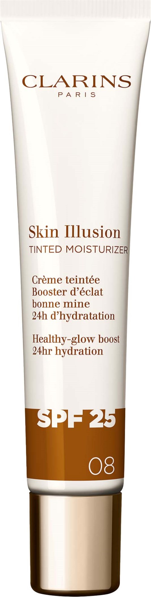 Valkoinen Clarins Skin Illusion -sävyvoideputeli SPF 25, jossa ruskeita ja kultaisia yksityiskohtia ja tekstiä.