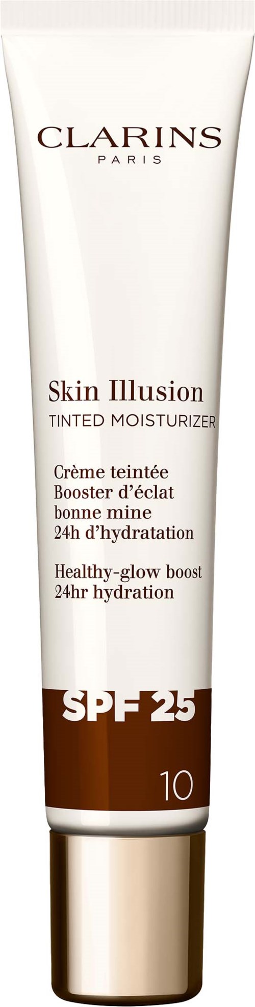 Een tube Clarins Skin Illusion getinte vochtinbrengcrème met SPF 25 die huidgloed en hydratatie bevordert.