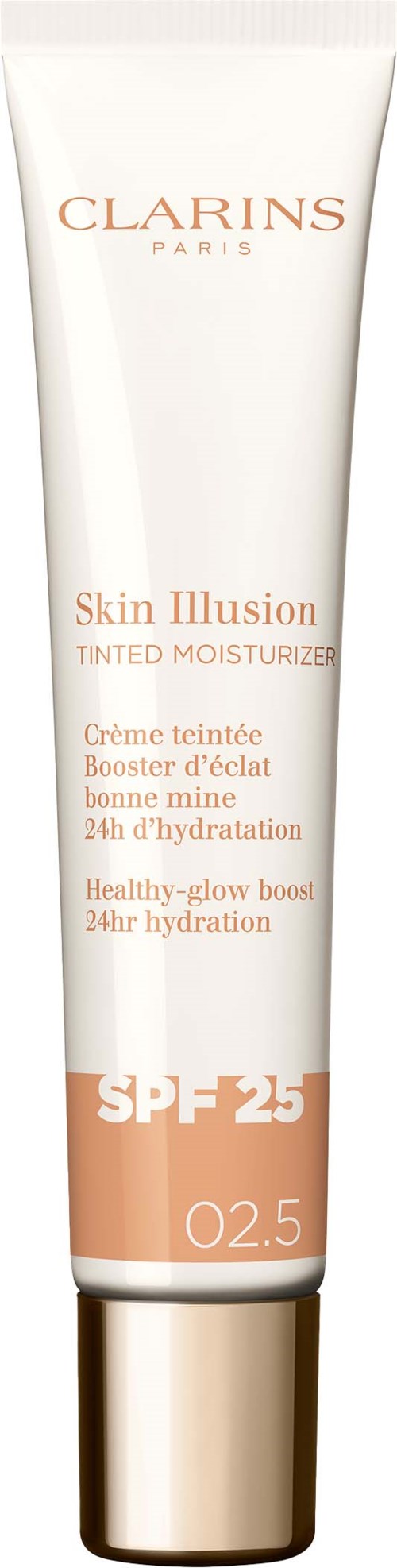Valkoinen puteli kultaisella kantilla, merkinnällä Clarins Skin Illusion sävyttävä kosteWithout<|meta_end|>lta, SPF 25, aur protection ja hehku.