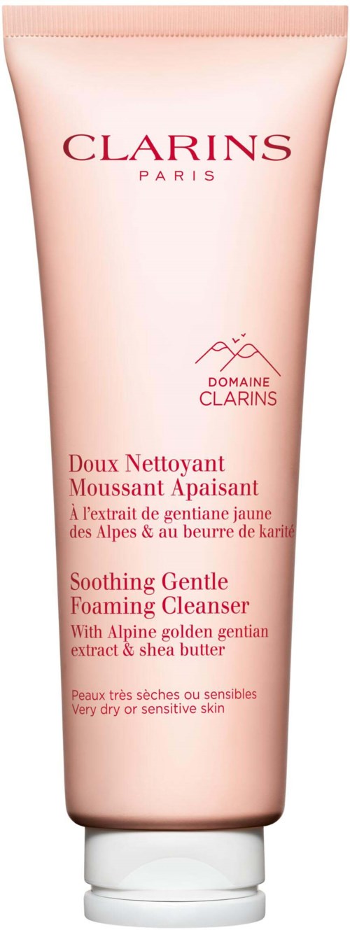 A pink tube of Clarins foaming cleanser with yellow gentian extract and shea butter for dry and sensitive skin.
