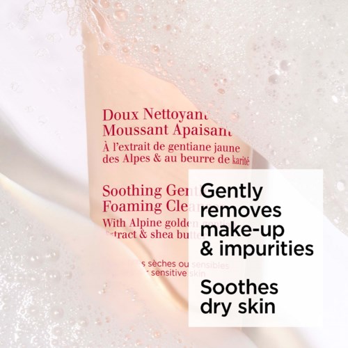 Label describes a gentle, yellow Alpine flower extract product that removes makeup, impurities, and soothes dry skin.