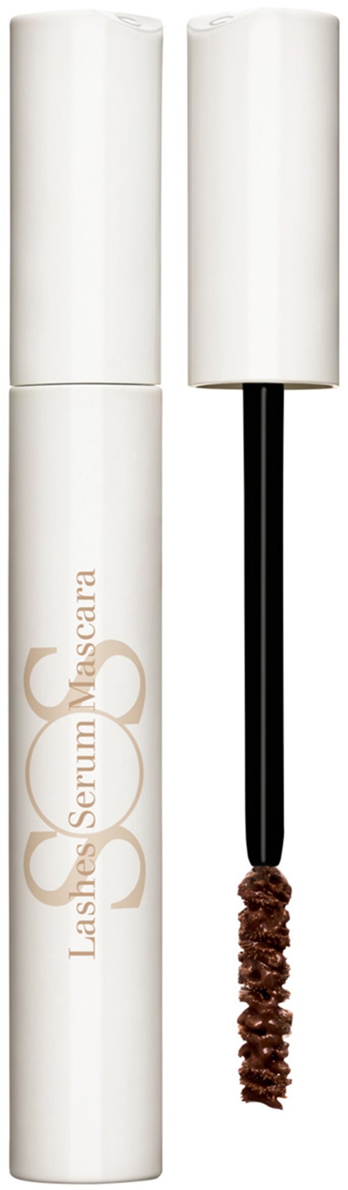 Valkoinen puteli, jossa lukee "Lashes Serum Mascara", ja ruskea ripsiväriharja.