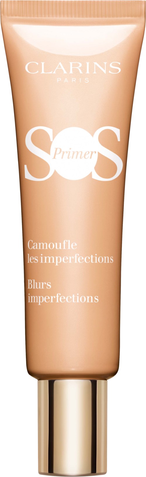 Beige putkilasi kultaisella suuttimella, merkitty Clarins SOS Primer epätasaisuuksiin ja häivytetään.