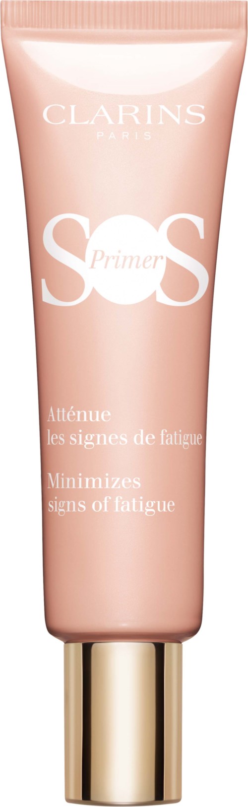 A pink tube with a gold cap, labeled Clarins SOS Primer, targeting fatigue signs, with white and gold text.