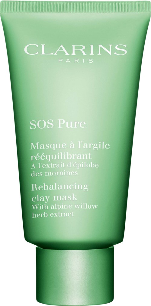 Eine grüne Tube von Clarins SOS Pure Rebalancing Clay Mask mit Heilkräuterextrakt für die Haut.