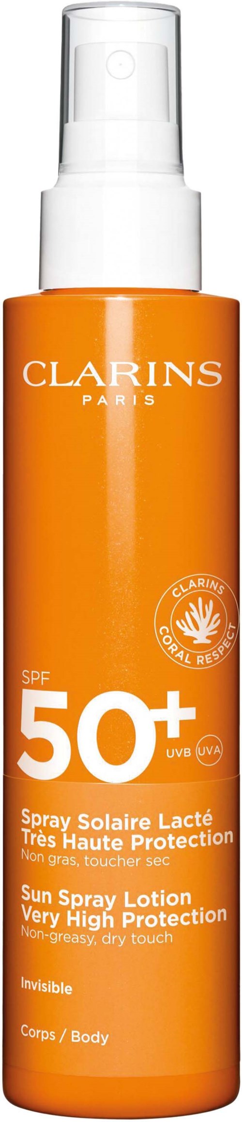 Orangenes Sonnenschutzspray mit SPF 50+ von Clarins, für den Körper, nicht fettend, unsichtbar.