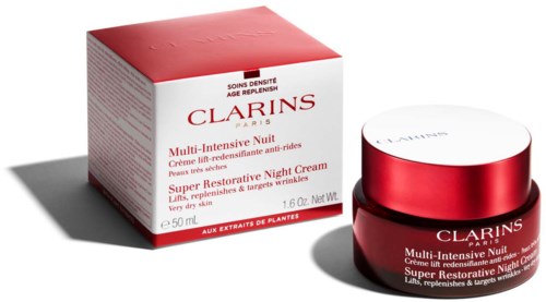 Rote und weiße Box und Glas mit Clarins Multi-Intensive Nachtcreme für nächtliche Hautreparatur und Anti-Falten Wirkstoff.