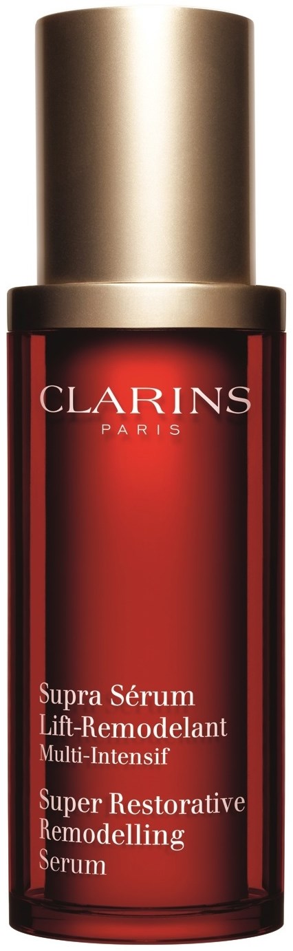 Punainen ja kultainen pullo Clarins Supra Serum kultaisella kannella, etiketti näyttää tuotteen nimi ja tiedot.
