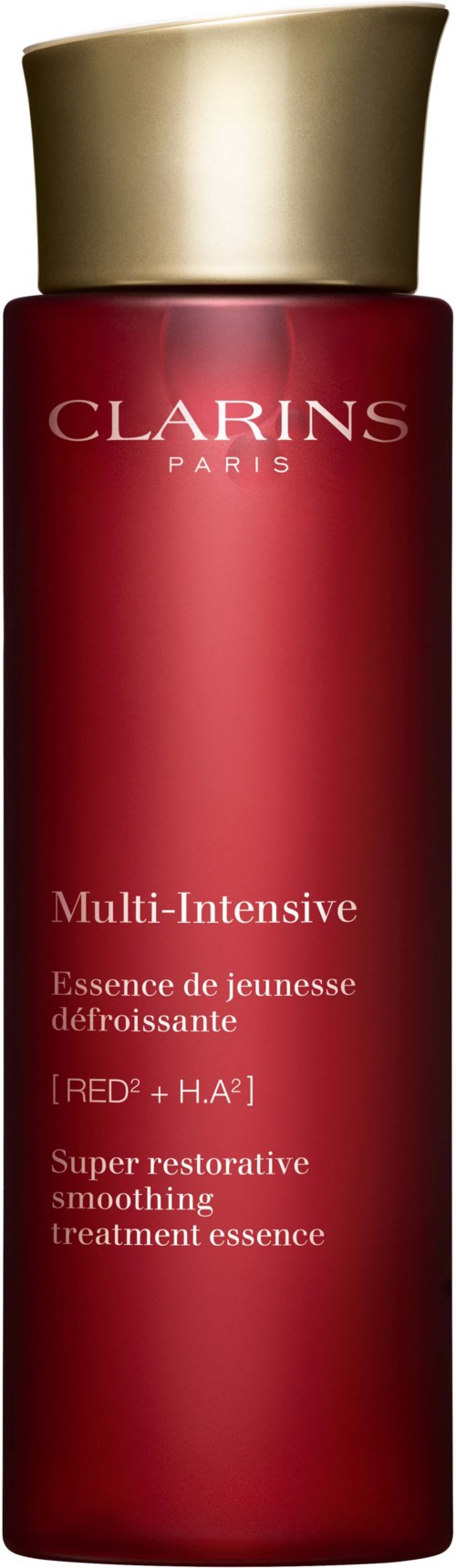 Punainen ihonhoitopullo kultaisen kannen kanssa, merkinnällä Clarins Multi-Intensive, ihon tasoittamiseen ja palauttamiseen.