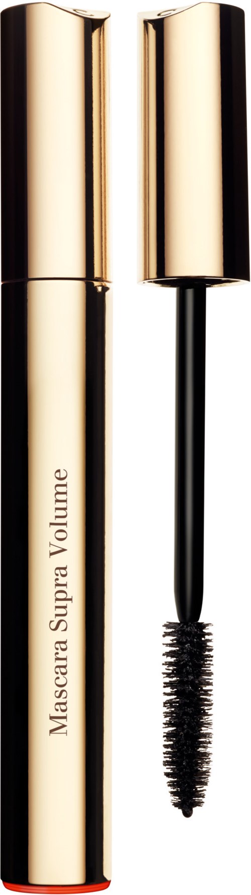 Ein Mascara-Röhre mit goldener Kappe und schwarzem Bürstchen.
