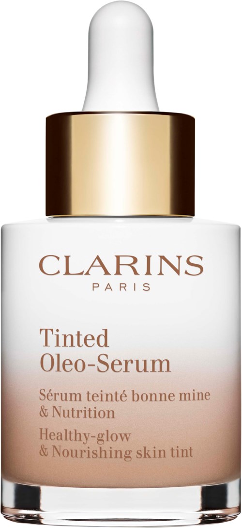 Clarins Tinted Oleo-Serum bottle with a white dropper and gold collar, promoting healthy, glowing, nourishing skin.