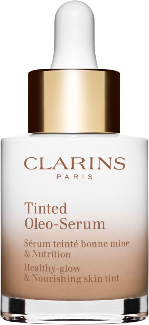 Een flesje Clarins Tinted Oleo-Serum met een witte pipetdop, gouden band en wit-beige etiket.