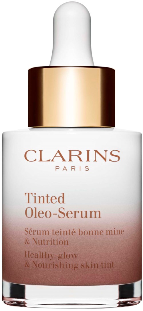 A white and gold dropper bottle of Clarins Tinted Oleo-Serum for healthy, glowing, nourished skin.
