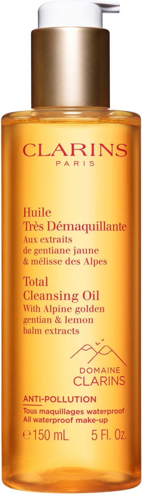 Läpinäkyvä pullo, jossa on oranssi kerma-tyylinen neste, merkinnät 'Clarins' ja 'Cleansing Oil' keltaisella ja punaisella tekstillä.
