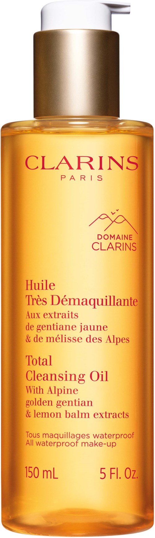 Pullohoit Clarins puhdistusöljyä sisältäen sitruunamalva-aineita, kultainen korkki ja pumppu. Teksti kuvailee käyttöä.