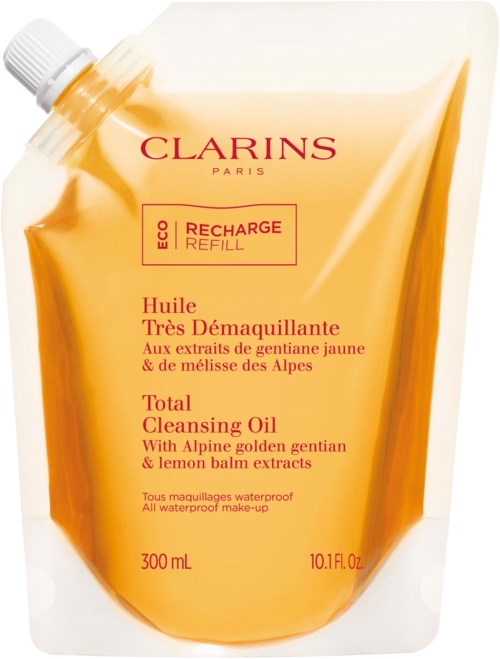 Clarinsin kosteuttava puhdistusöljypakkaus, keltainen gel, punainen teksti ja valkoinen korkki.