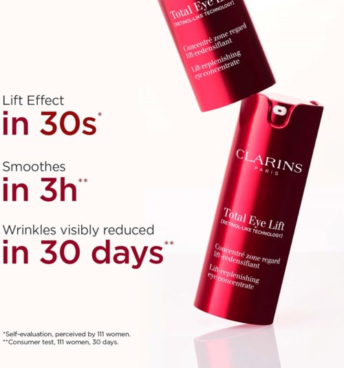 Clarins eye care product claims to improve skin in 30 days with effects in 30 seconds and 3 hours.
