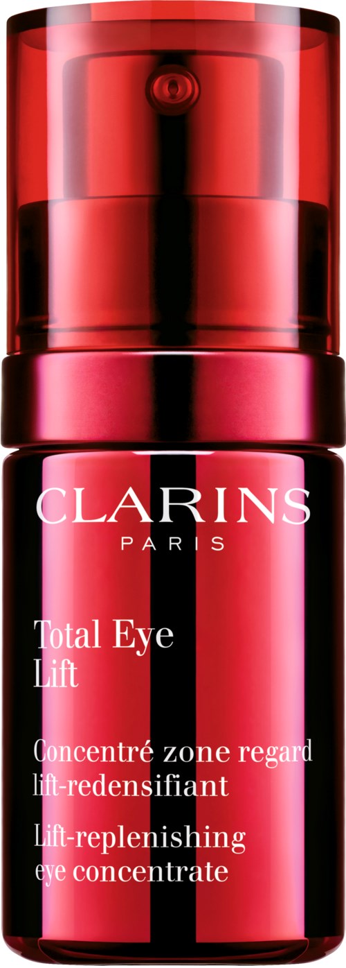 Een rode en zwarte huidverzorgingsfles met 'Clarins Paris Total Eye Lift' en pomp bovenkant.