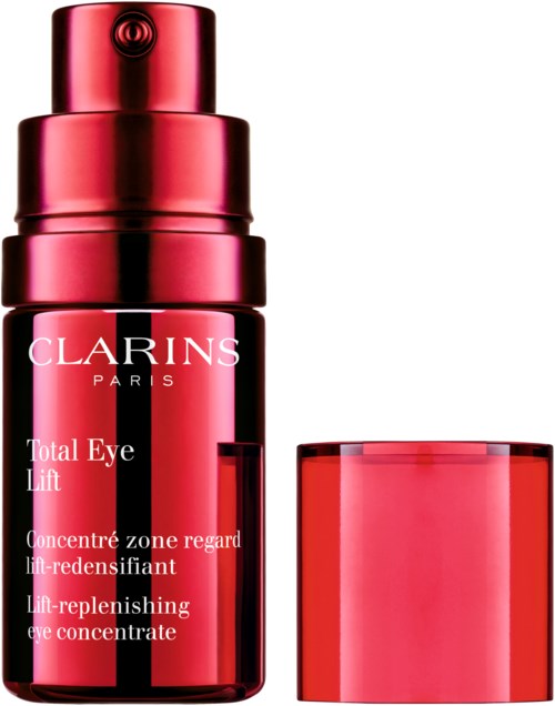 Een roze fles met pomp en bijpassende roze dop, gemaakt door 'Clarins', voor oogverzorging.