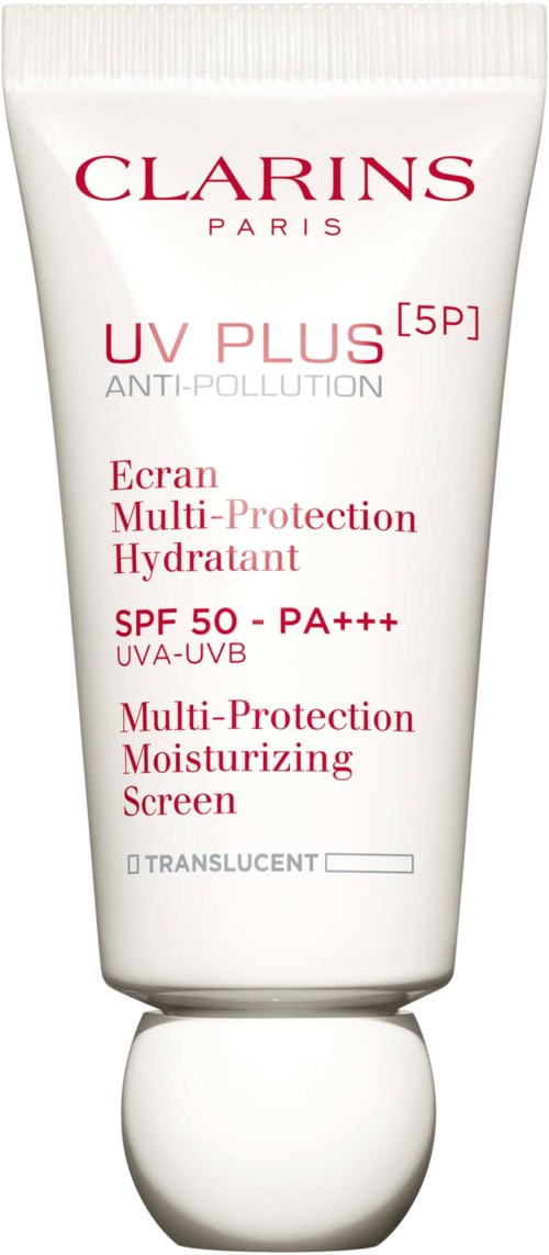 A white tube of Clarins UV Plus sunscreen, SPF 50, for face protection with moisturizing and anti-pollution features.