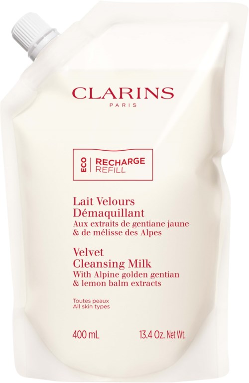 A large white refill pouch for Clarins Velvet Cleansing Milk, with red and pink text and a small screw cap.