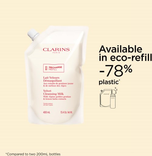 A white refill pouch of Clarins Velvet Cleansing Milk, with a note about being eco-friendly, saving 78% plastic.