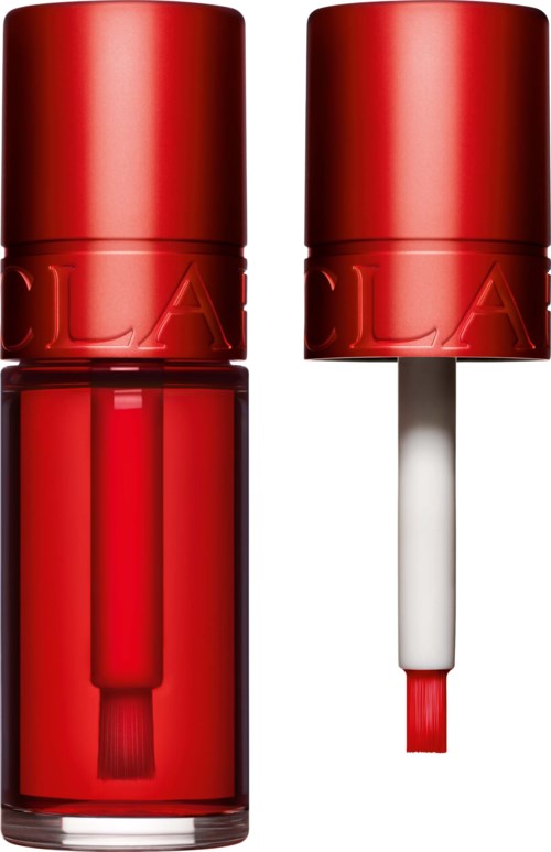 Two red lipstick tubes with brushes inside, one with the brush extended outside.