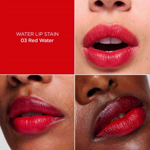 A product label shows a red lip stain called 03 Red Water, alongside close-up images of lips in different skin tones wearing red lipstick.