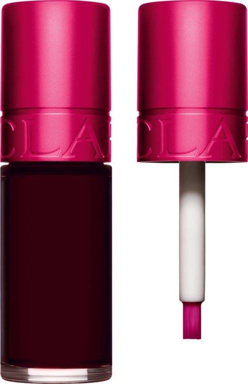 Two bottles of dark red nail polish, one with cap and one with applicator brush showing. The caps are bright pink.