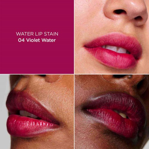 Three people with different skin tones showing various violet lipstick shades.