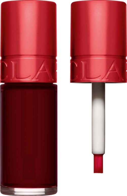 Two red nail polish bottles, one with a closed cap and one with an open lid showing a brush.