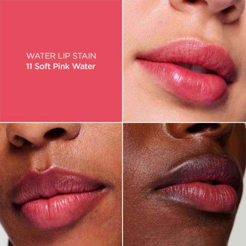 Afbeelding toont drie verschillende lippen met roze lippenstift en een tekst over water lip stain in zacht roze.
