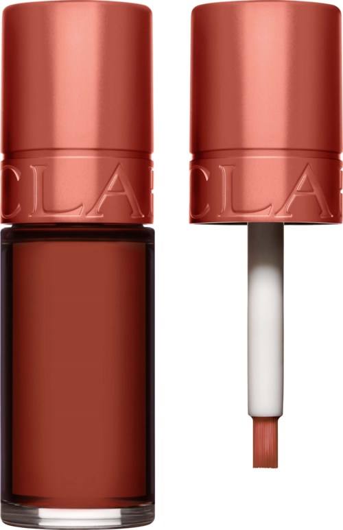 Zwei Lippenstiftflaschen in Braunton, eine mit Deckel auf und andere geöffnet, zeigt den Applikator.