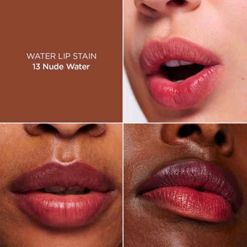 Eine Anleitung, die zeigt, wie verschiedene Lippenstiftfarben auf verschiedenen Hauttönen aussehen, mit Fokus auf Nude Water-Töne.