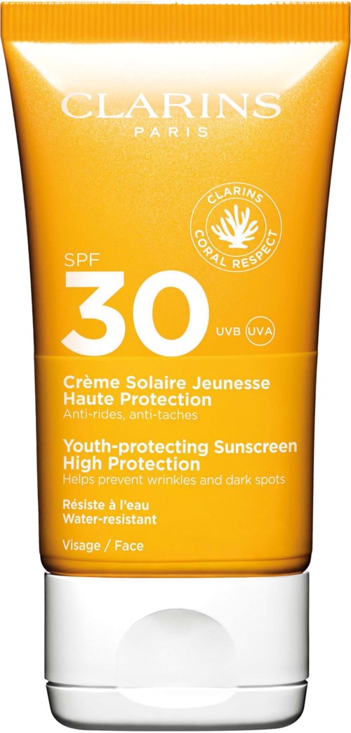 A orange sunscreen tube with SPF 30, brand name Clarins, and text about youth protection and water resistance.