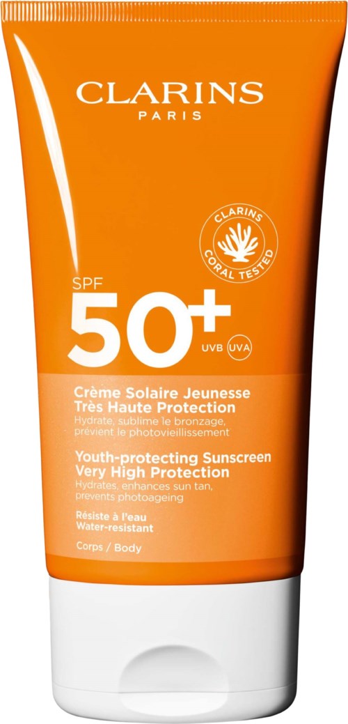 Oranje zonnebrandcrème tube met SPF 50+ voor jongeren, waterbestendig, voor het lichaam, van Clarins.