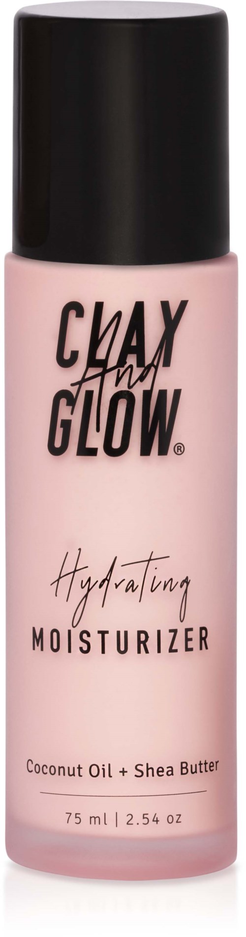 Różowa butelka z napisem 'Clay and Glow Hydrating Moisturizer' zawiera olej kokosowy i masło shea, 75 ml.
