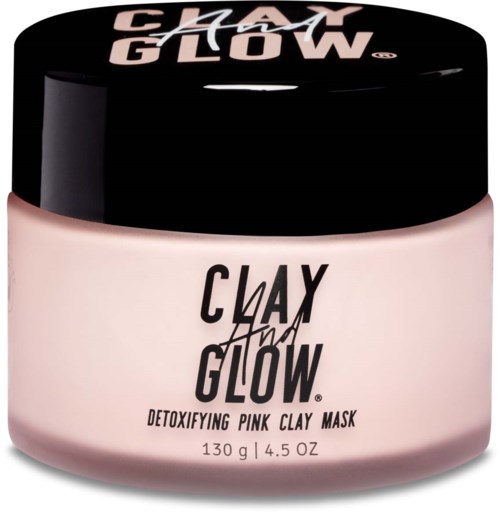 Różowa maska z gliny w słoiku z czarną pokrywką, oznaczona 'Clay Glow Detoxifying Pink Clay Mask'.