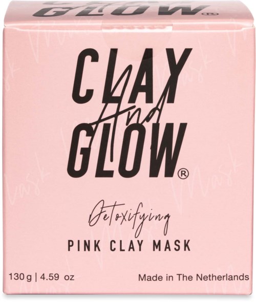 Różowe opakowanie z czarnym i białym tekstem, promuje detoksykującą różową maskę z gliny od Clay and Glow.