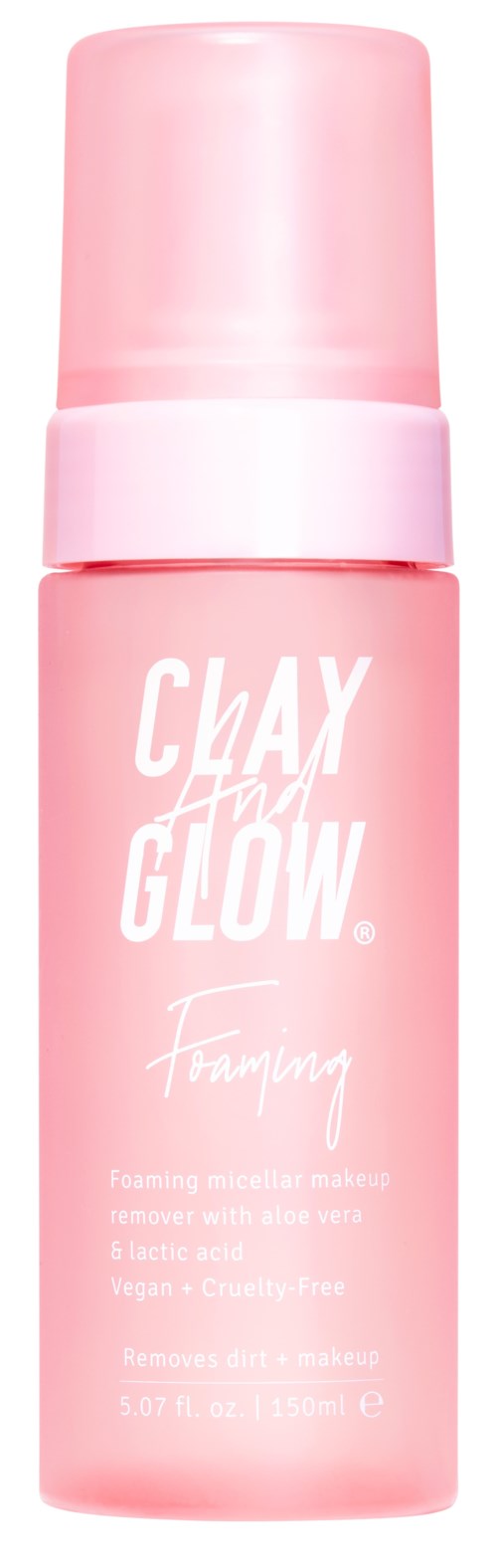 Różowa butelka z napisem 'Clay Glow' do oczyszczania twarzy, z nakrętką i prostym designem.