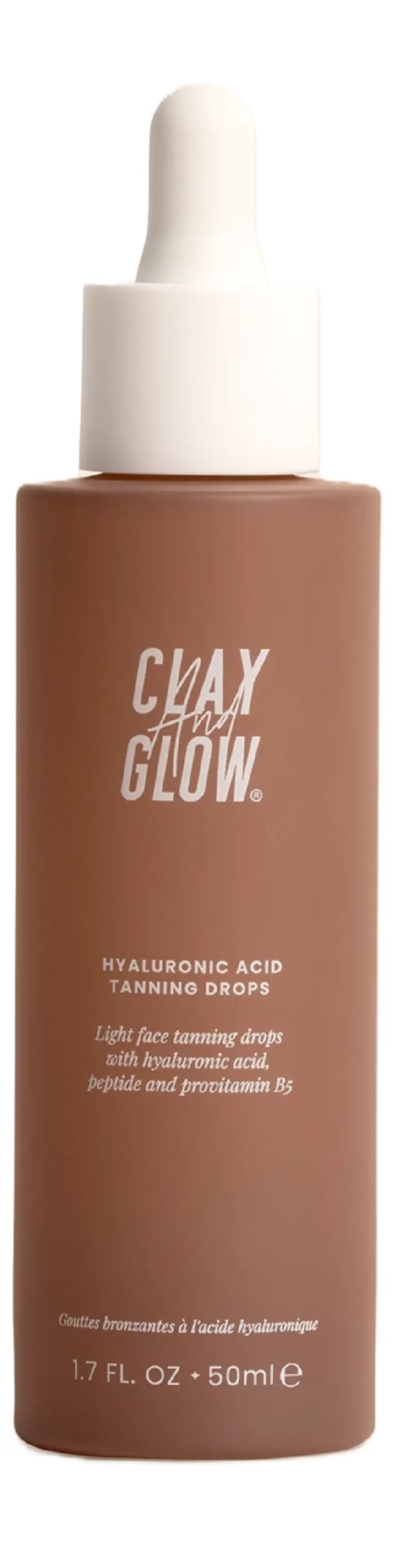 Brązowa butelka z białą zakraplaczką, oznaczona "CLAY GLOW" i zawiera hyaluronic acid tanning drops.