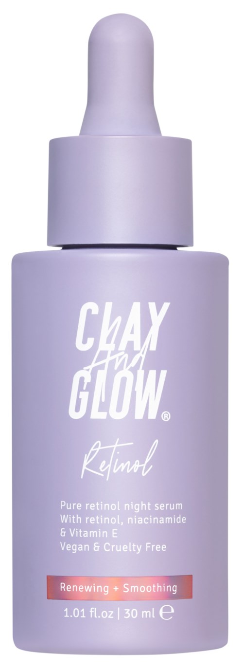 Butelka serum do ust z pipetą, oznaczona 'Clay Glow' i 'Renewing Smoothing', fioletowy kolor, 30 ml.
