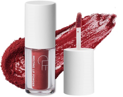 Lippenproductenfles met rood poeder en vlek erachter. De lipgloss heeft een witte dop en applicator staaf.
