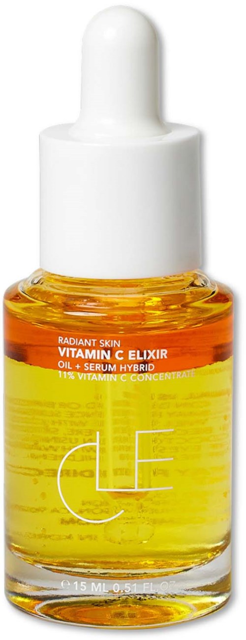 Een kleine glazen fles met geel-oranje serum en een witte pipetdop.