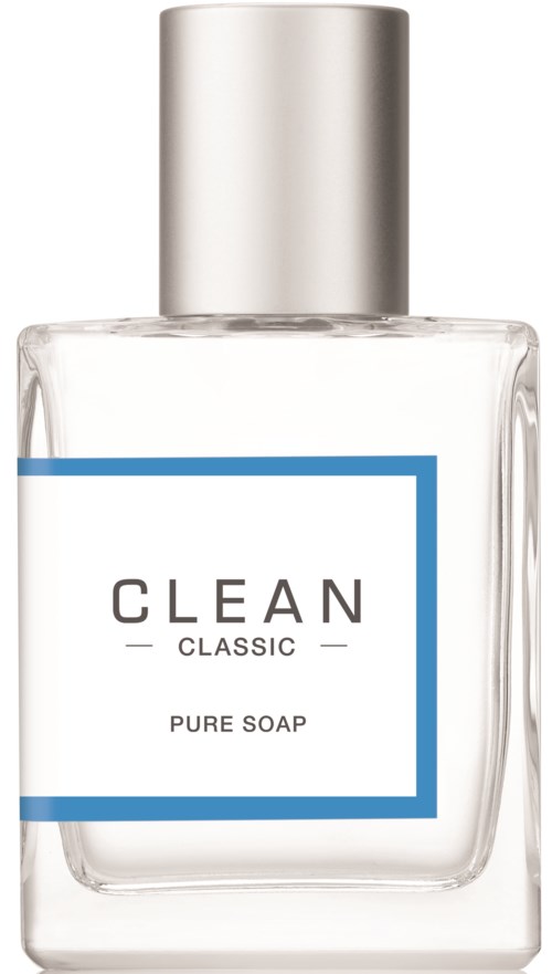 Een heldere zeeppomp met een witte label waarop staat "CLEAN CLASSIC PURE SOAP" en een zilveren dop.